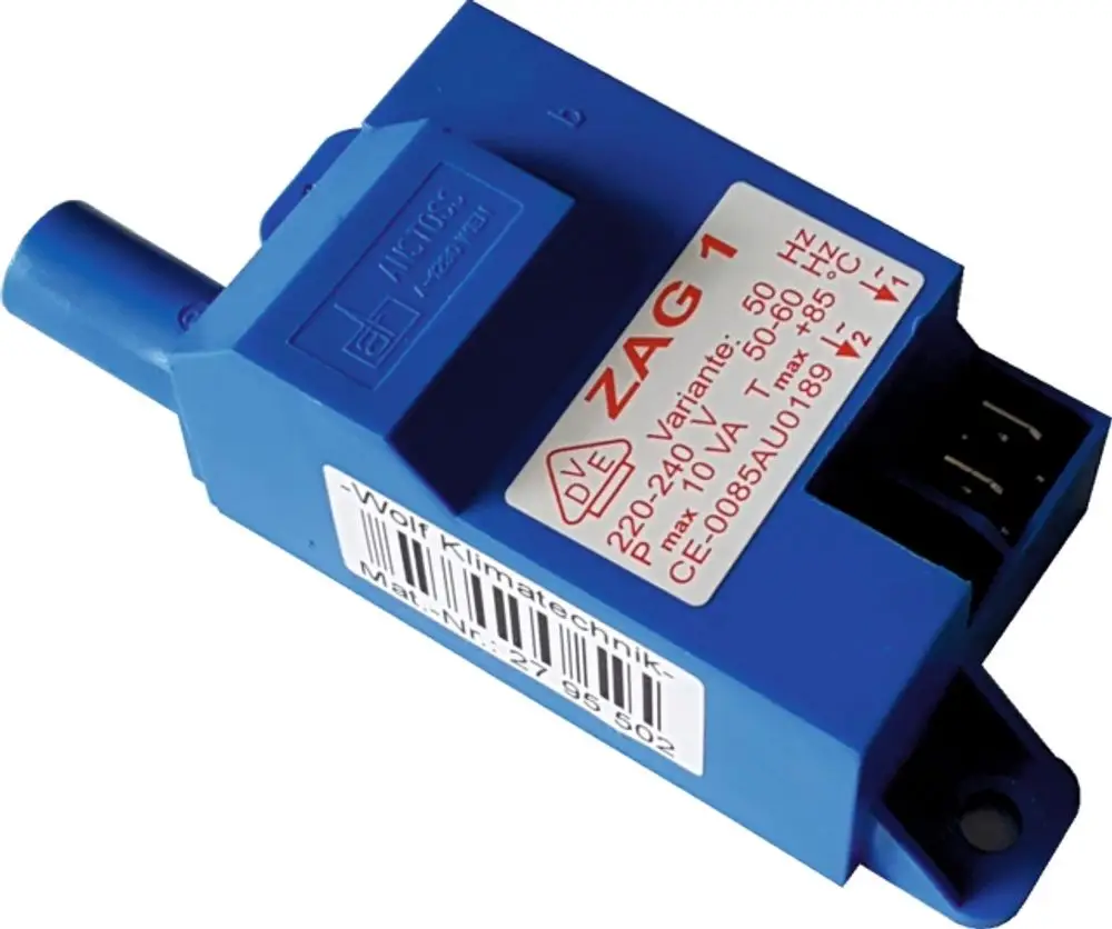 Blauer Zündtrafo mit Anschlussklemmen und Typenbezeichnung, Hersteller Wolf, zur Verwendung in Heiz- und Klimaanlagen, für 220-240V, 50-60Hz.